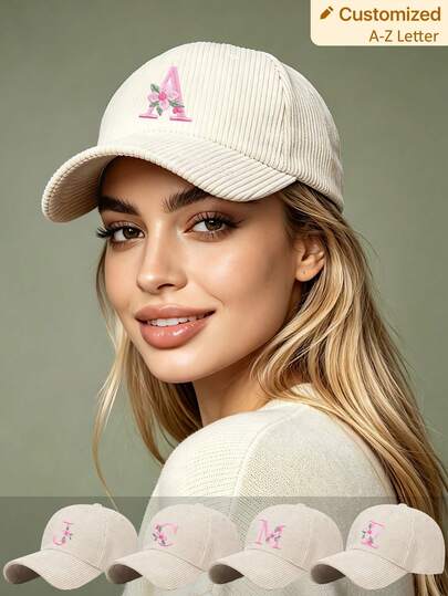 1pc Women's Beige Corduroy Baseball Cap Embroidered 26-Letter Floral Initial Hat Adjustable Custom Print Dad Hat For Outdoor Daily