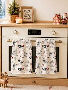 2pcs Christmas Cartoon Cat & Holly Berry Pattern Kitchen Towels, Soft Polyester Dish Cloths, Suitable For Kitchen Decor, Kitchen Cleaning, Holiday Party Decoration, Kitchen & Bathroom Supplies, Home Essentials, Home Decor, Housewarming Gift - Multicolor - View 6
