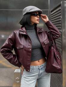 Women's Oversized Faux Leather Utility Jacket With Pockets & High Neck - Burgundy - View 2