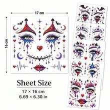 3/2/1pc Random Style Realistic Clown Face Tattoo Stickers, Long-Lasting All-Night Halloween Party Makeup, Non-Smudging Face Stickers - Multicolor - View 6