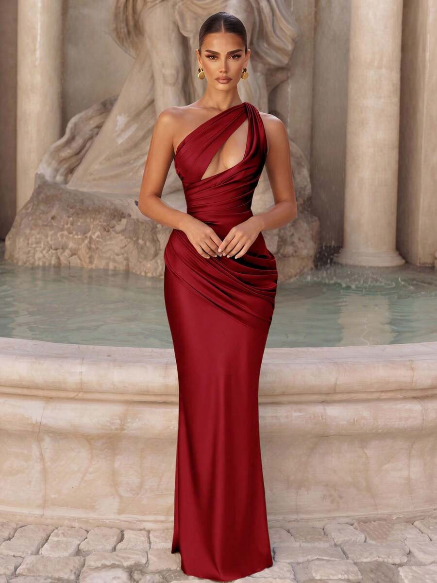 Gaun Koktail Panjang Elegan Wanita Satu Bahu, Tanpa Lengan dengan Kerah Asimetris, Gaun Bodycon Rajut Berkerut Cocok untuk Prom - Merah - View 1