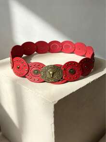 1件紅色青銅金屬孔眼PU圓蛋糕時尚腰帶，橢圓形金屬扣，流行波希米亞風，適合日常穿著 - 橢圓紅色牛頭扣 - 查看 10