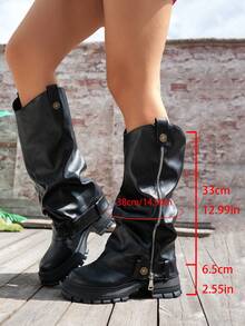 Women's Ruched Tall Boots, New High Shaft Riding Boots, Platform Thick Sole Stacked Leg Boots, Below-Knee Long Boots - Black - View 6