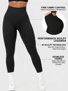 Women's Seamless Knit High-Waist Leggings, Tummy Control & Butt-Flattering Design, Soft & High-Elastic Fabric, Suitable For Gym, Running, Sports, Black Tight-Fitting Long Pants - Black - View 3