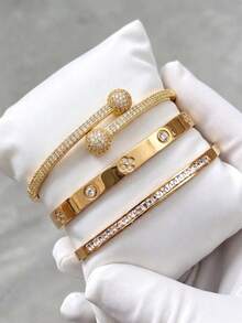 3-delat stapelbart armbandset med sicksackmönster, lagerbara armband i blandad bredd för kvinnor, modeaccessoar - Guld - Visa 10