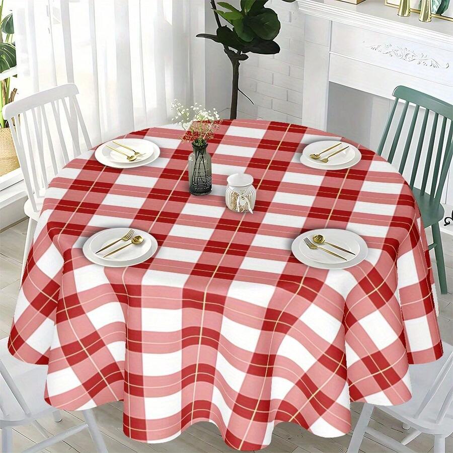 Round Tablecloth Red White Buffalo Plaid Checkered Pattern Gold Line Classic Picnic Gingham Traditional Decorative Washable Dining Table Cover For Kitchen Home Christmas Holiday Party Outdoor Daily Farmhouse Table Decor - A - View 1