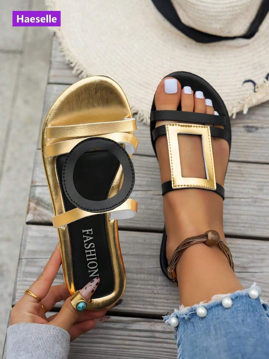Sandal Wanita, Ukuran Lebar, Desain Tali Ujung Bulat Datar, Skema Warna Dopamin, Pola Geometris Kelas Atas, Model Selop, Gaya Kasual Campuran, Sandal Rumah/Luar Ruangan Musim Semi/Panas, Sandal Pantai Modis untuk Santai di Pedesaan, Resor, dan Jalanan - emas hitam - View 1