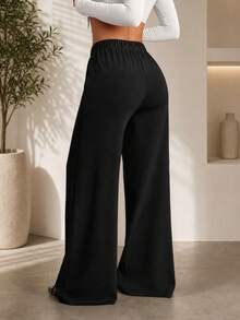 Plus Size Black Daily Multi-Purpose Commute Minimalist Solid Color Wide Leg Pants, Everyday Wear - Black - View 2