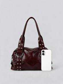 Women's Vintage Punk Style Rivet Shoulder Bag, Large Capacity Faux Leather Tote, Cool Avant-Garde Street Style, Suitable For Commuting, Concerts And Parties - Multicolor - View 8