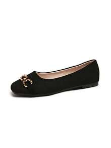 Women's Square Toe Flat Slip-On Shoes With Metal Chain Decor, Soft Sole Commuter Shoes - Black - View 4