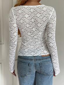 SCARLUX Autumn Y2K White Floral Lace V-Neck Asymmetrical Hem Long Sleeve Top, Cute Daily, Suitable For Back To School Season - White - View 10