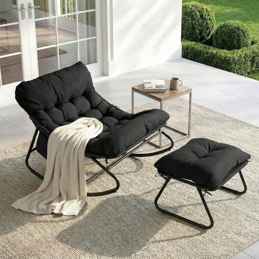 Bestdoor Outdoor Rocking Chair With Stool, Garden Rocking Chair With Cushion Waterproof Covers, Rust-Proof Frame, Non-Slip Feet, Side Pocket, Oversized Rocking Chair With Ottoman For Bedroom/Living Room - Black - View 1