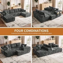Sofá modular de lujo con forma de U, de 147 pulgadas, convertible en cama, con tapizado de pana, para sala de estar, cine en casa, villa, apartamento y estudio. No requiere montaje. - Gris Oscuro - Ver 2