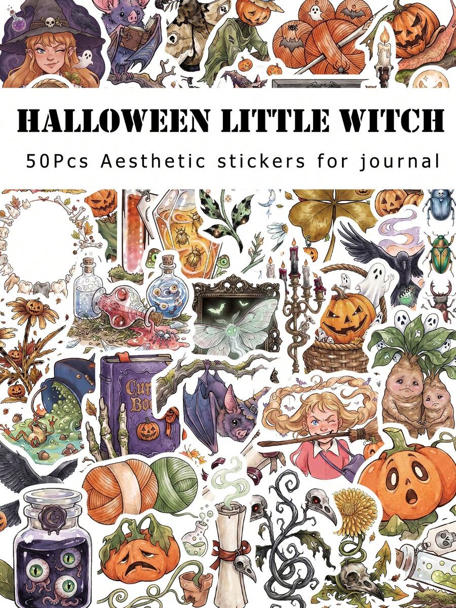 50Pcs Halloween Little Witch Stickers, Kids Cute Cartoon Decals For Journal Water Bottle DIY Craft Decor - Multicolor - View 1