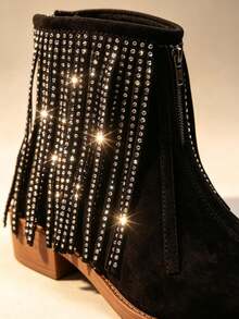 1 Pair Black Girls Faux Suede Fringe Ankle Boots, Rhinestone Studded Back Zipper Low Heel Western Boots, Kids Pointed Toe Boots For Party Daily - Black - View 4