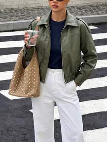 Women's Vintage Solid Faux Leather Lapel Long Sleeve Zip Regular Length Bomber Jacket Outerwear For Business Office Home Vacation Spring Fall Winter - Army Green - View 7