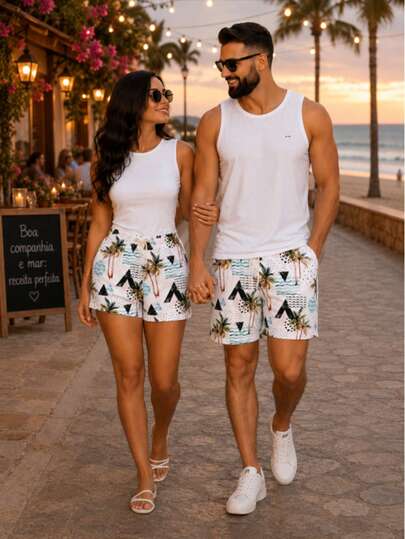 Conjunto de bermudas casal tactel feminino masculino namorados verão piscina clube festa ensaio foto combinando mozão ele e ela férias resort calção de banho