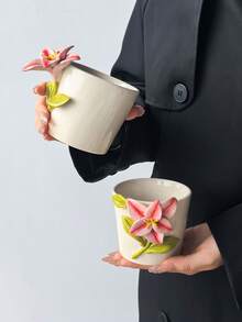 1pc Exquisite Hand-Sculpted Ceramic Coffee Mug, INS Style Highly Attractive 3D Embossed Pink Lily Coffee Cup, Aesthetic Healing Mug, Personalized Saudi National Day Gift, Ramadan, New Year Gift, Commercial Use - Multicolor - View 6