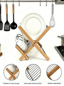 1pc Double-Layer Bamboo Dish Drying Rack‑Kitchen Countertop Storage Rack, Foldable Storage, Metal Mesh Basket And Bamboo‑Wood Bracket Design, Stable Structure, Space‑Saving, Fast Water Draining, Can Store Plates, Bowls, Cups And Tableware - Multiple Specifications - View 6