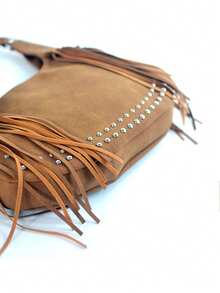 Women Hobo Crossbody Shoulder Bag,Curved Crescent Shape Suede Leather Fringe Tassel Silver Rivet,Adjustable Strap Bohemian Style Daily Travel - Multicolor - View 4