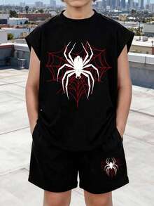 2pcs/Set Boys' Spider Print Sleeveless Tank Top And Shorts, Comfortable Soft Fabric, Summer - Black - View 1