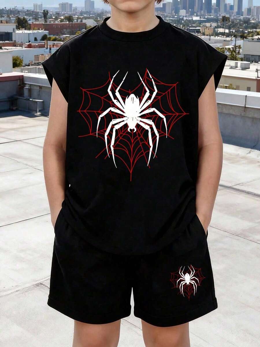 2pcs/Set Boys' Spider Print Sleeveless Tank Top And Shorts, Comfortable Soft Fabric, Summer - Black - View 1