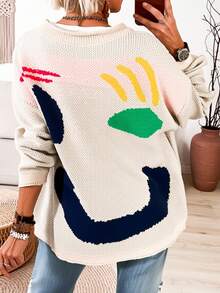 Plus Size Women Cream Round Neck Happy Face Graphic Sweater Colorful Smile Pattern Knit Pullover Long Sleeve Soft Warm Top Autumn Winter Cute - Khaki - View 6