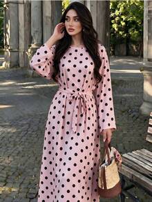 Polka Dot Long Dress With Flared Sleeves And Waist Tie Abaya, Suitable For Daily Wear - Multicolor - View 6