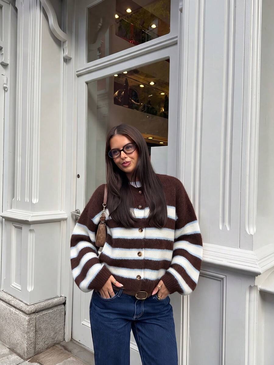MORI Fall Winter Women Sweaters Y2K Chic Brown Striped Fuzzy Crew Neck Button Up Cardigans Knit Tops Concert Casual Streetwear Tops - Multicolor - View 1