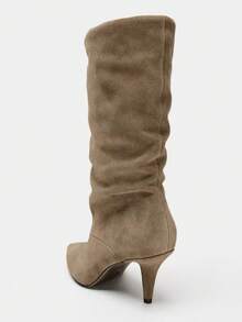 Plus Size Elegant Women's Pointed Toe Stiletto High Heel Slouch Mid-Calf Boots, Slip-On Ruched Shaft Solid Color Fashion Shoes, Suitable For Street, Party, Daily Wear In Autumn/Winter - Khaki - View 4