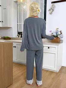 Fashion Women's Deep V-Neck Lace Trim Patchwork Contrast Color Long Pants Long Sleeve Pajama Loungewear Set - Grey - View 2