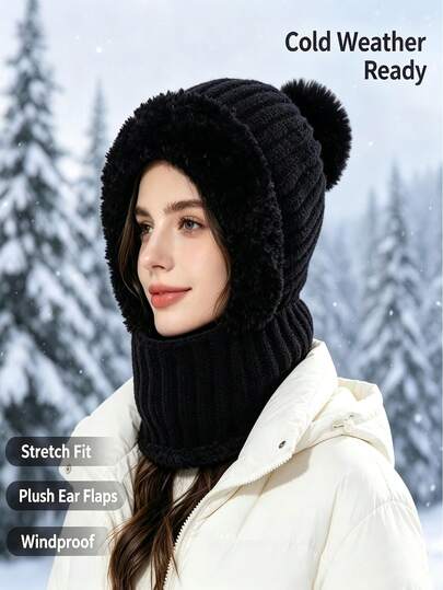 1 pieza Bufanda de sombrero negro, suave y amigable con la piel, cálida y retentiva de calor, adecuada para hombres y mujeres para uso diario en invierno
