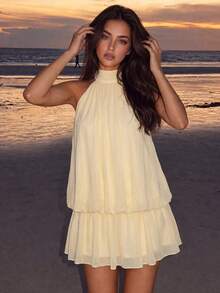 Gaun Mini Chiffon Tanpa Punggung dengan Leher Halter dan Lapisan Celana Pendek Terintegrasi, Hem Berumbai, Cocok untuk Liburan Pantai, Liburan, Jalan-jalan, dan Pesta Musim Panas, Gaya Elegan - Kuning - View 3