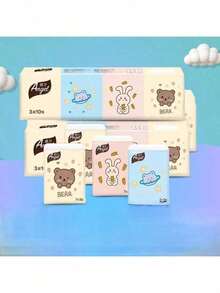 7/14/28/70/140Pcs (7pcs/Pack) Cute Cartoon Pocket Tissues, Bear Rabbit Space Cat Printed Mini Disposable Handkerchief Tissues,3‑Ply Original Wood Pulp Portable Tissues For Travel, Bag, Daily Use - Multicolor - View 3