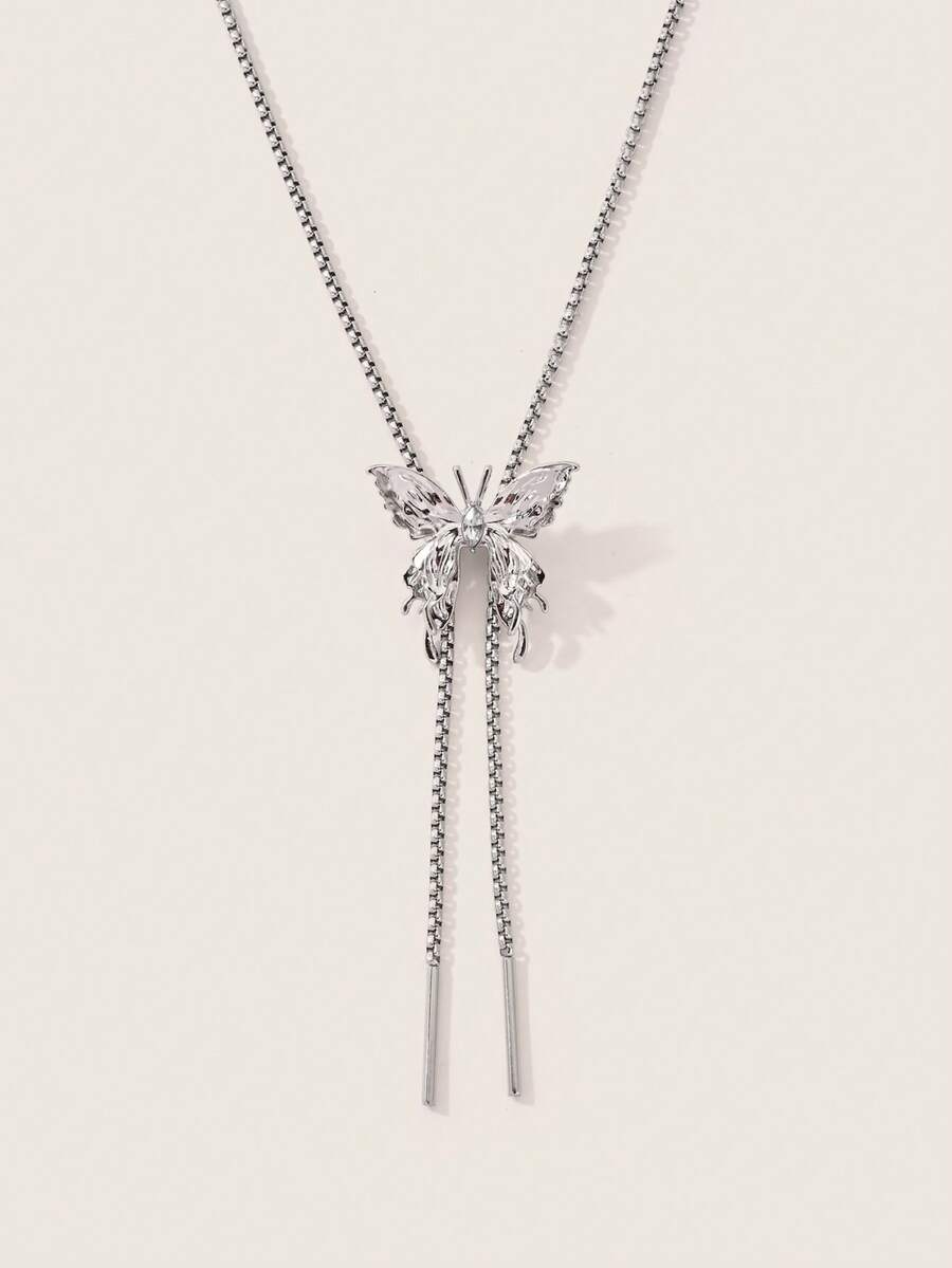 Valisandre 1pc Simple & Fashionable & Personalized Metallic Silver Choker Necklace With Butterfly Pendant, Adjustable Length & Multiple Wearing Styles, For Women - Silver - View 1