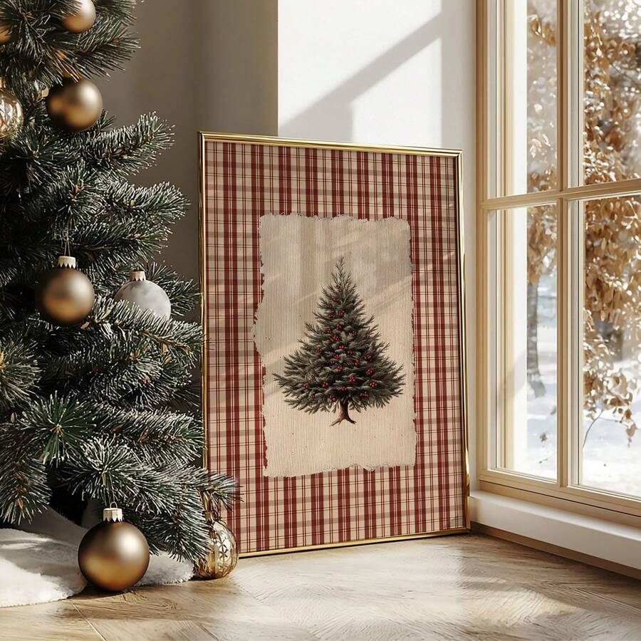 1pc Frameless Vintage Christmas Tree Pattern Cottagecore Holiday Wall Art Dorm Bedroom Apartment Decor Back To School Funky Posters Dorm Essentials - Christmas Tree - View 1