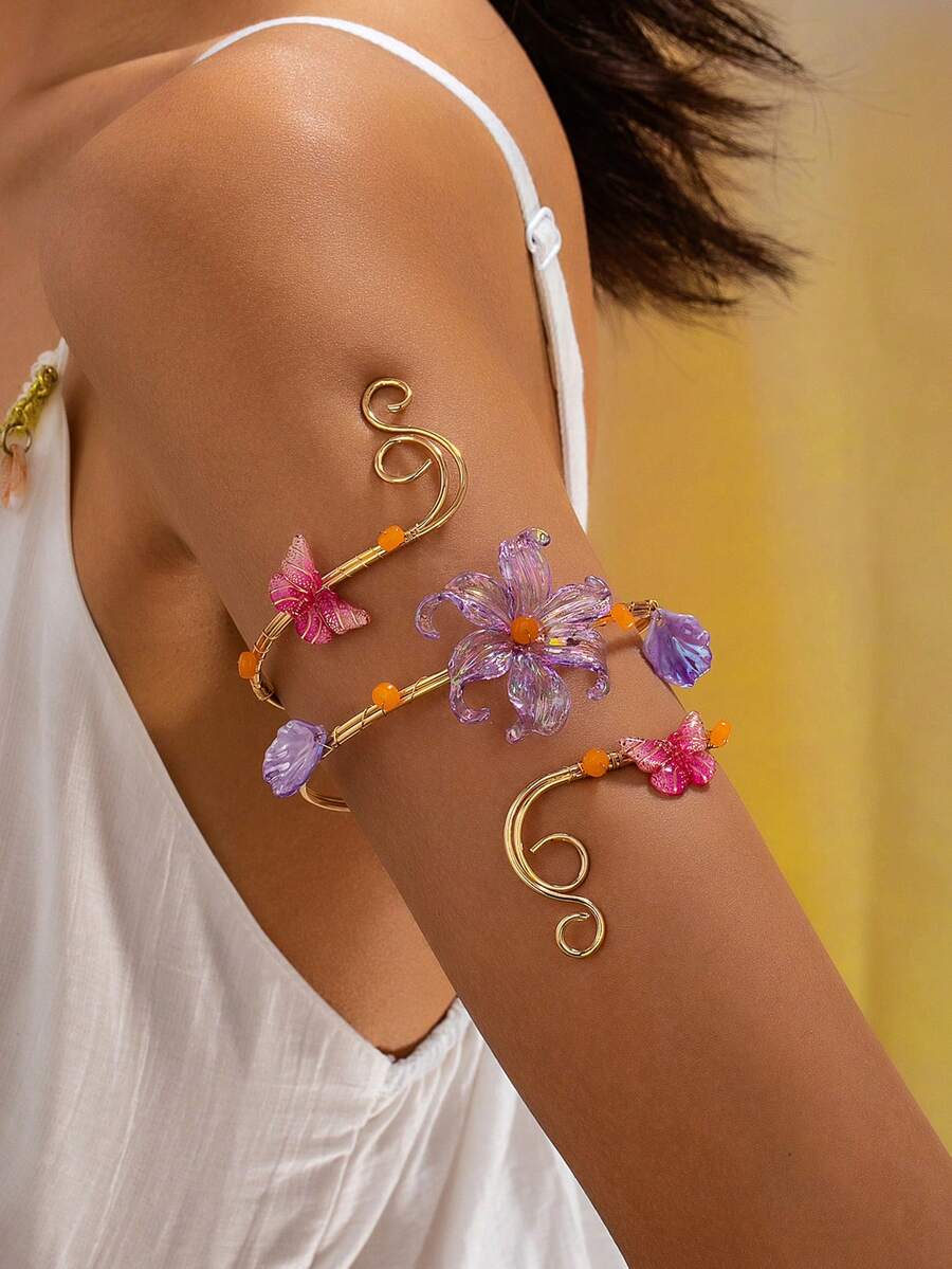 1pc Bohemian Floral Butterfly Arm Cuff Open Bangle Beach Vacation Body Accessory - Purple - View 1