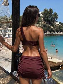 HOTTIE HABIT Women's Brown Textured One Shoulder Twist Bikini Top & Drawstring Ruched Mini Skirt 2 Pieces Set, Summer Beach Swimwear Cover-Up - Multicolor - View 4