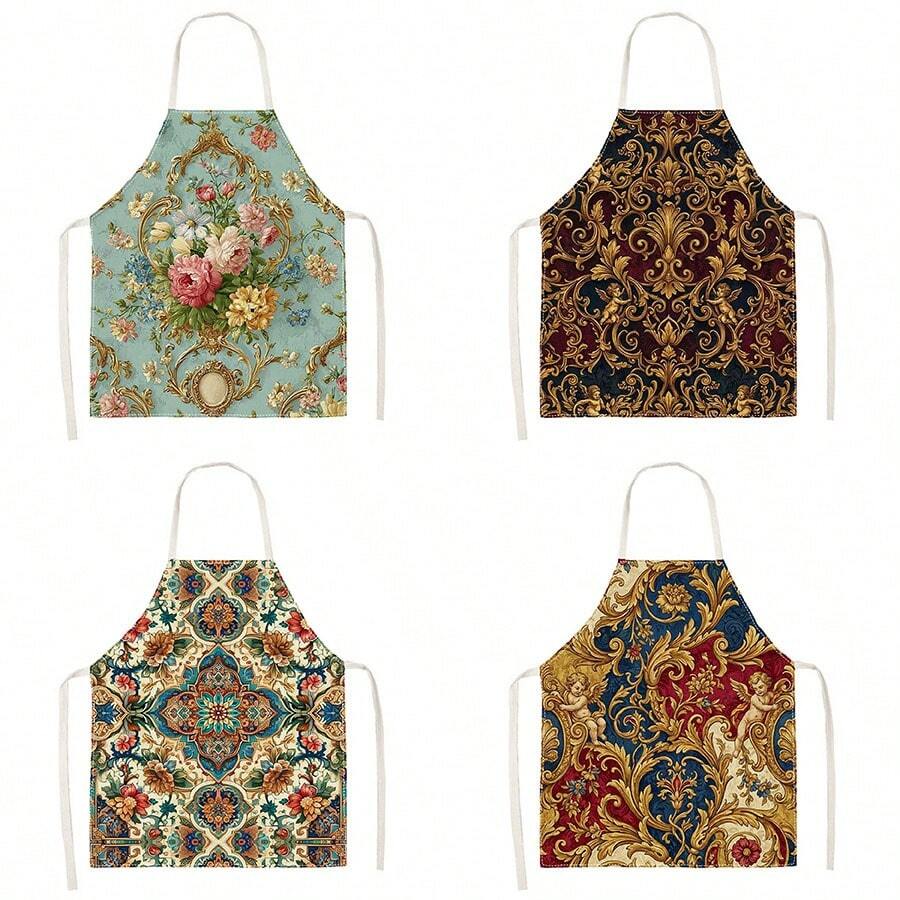 1pc Vintage Gold Brown Floral Print Apron - Sleeveless Design, Durable And Comfortable Fit, Featuring Intricate Vine Retro Floral Pattern, Suitable For Cooking, Baking And Home Cleaning, Household Cleaning, Housework Apron, Hand-Painted Handmade Gardening Apron, Fun Holiday Gift - Multicolor - View 1