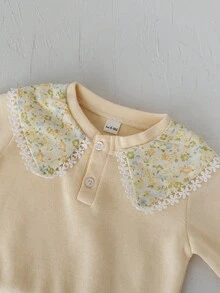 2Pcs/Set Baby Girl Floral Patchwork Peter Pan Collar Long Sleeve Outfit, Infant Ribbed Knit Top And Flare Pants Set - Yellow - View 9