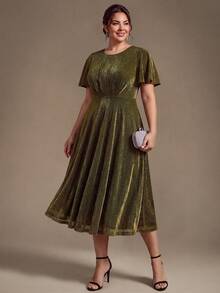 EVERPRETTY Robe midi pour invitée de mariage d'automne pour femmes avec fil métallique scintillant, manches volantées, taille A-line, robes pour la mère de la mariée - Doré - Voir 6