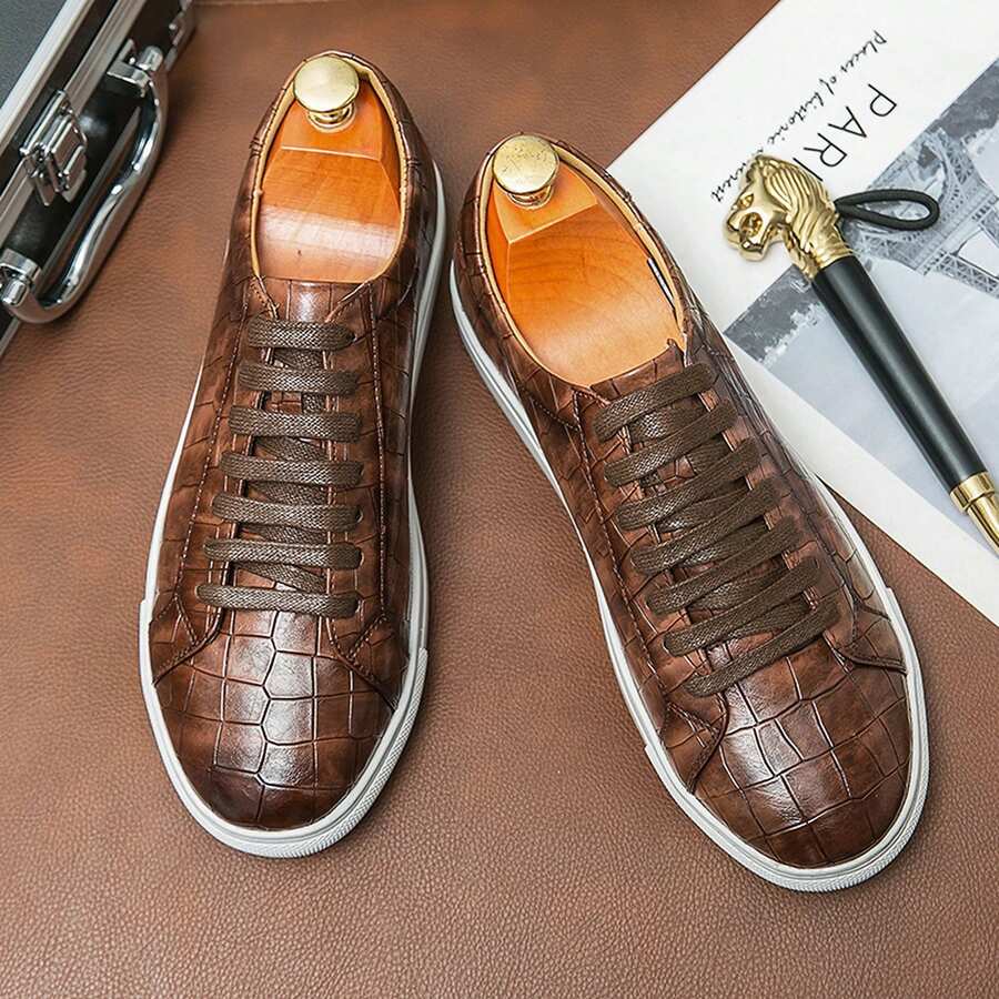 Men's Lace-Up Brown Crocodile Embossed Leather Sneakers With Clean Toe Shape, Well-Fitted Laces, Reinforced Perforations, Non-Slip Sole, Even Stitching, Suitable For Suits, Weddings, Banquets, Casual Wear - Brown - View 1