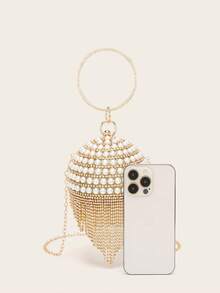 Mini Rhinestone Tassel Sphere Handbag Evening Clutch - Gold - View 9