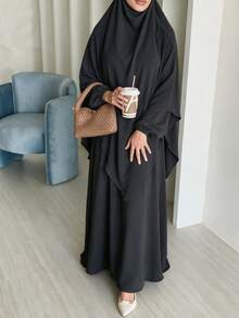 Set Abaya 2 Potong untuk Wanita Muslim, Gaun Panjang Bertekstur Kerut dengan Hijab Senada, Jubah Lengan Panjang Longgar yang Sopan - MultiWarna - View 11