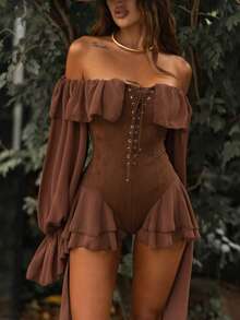 Fitted Cold Shoulder Party Dress For Women Sexy Long Sleeve Short Knitted Material With Corset Style, Perfect For Fall - Brown - View 2
