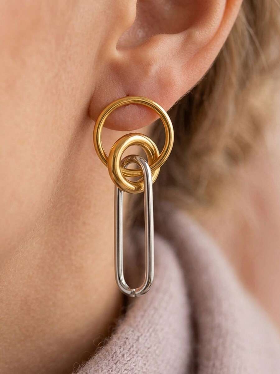 2pcs Women's Pendant Earrings Gold & Silver Dual-Tone Stainless Steel Fashion Personalized Minimalist Geometric Circle Pendant Earrings Daily Party Matching - Multicolor - View 1