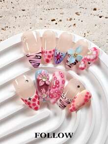 10 Pcs Handmade Press On Nails, Almond Nails, Nude Nails, Pink Nails, Hand Painted, 3d Flower, Polka Dot, Tiger Stripe, Rhinestone, Cute Nails, Nail Tips, Reusable Nail Set With Nail Tools, Ideal For Daily Commute, Party & Office Nail Set - Multicolor - View 3