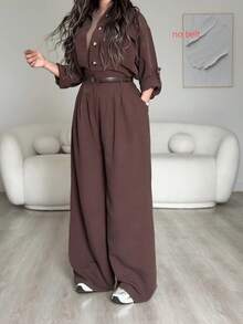 Slouchy Deep Brown Cinched Waist Wide Leg Jumpsuit, Collared Long Sleeve High Waist Drape Utility Jumpsuit, Daily Commute, Fashionable Versatile Wear - No Belt - Coffee Brown - View 1