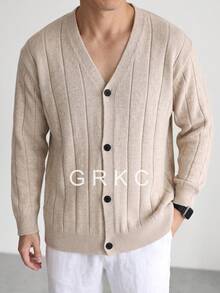 GRKC Spring Autumn Winter Casual Loose Minimalist Solid Color Dropped Shoulder Long Sleeve Chunky Ribbed Button Cardigan Knit Sweater Unisex Top - Brown - View 1
