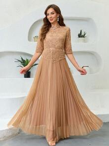 JINLICX Luxury Champagne Beaded Sequin Mesh Pleated Maxi Evening Gown Elegant Round Neck Mid-Sleeve Modest Formal Dress For Wedding Guest Party Gala - Champagne - View 3